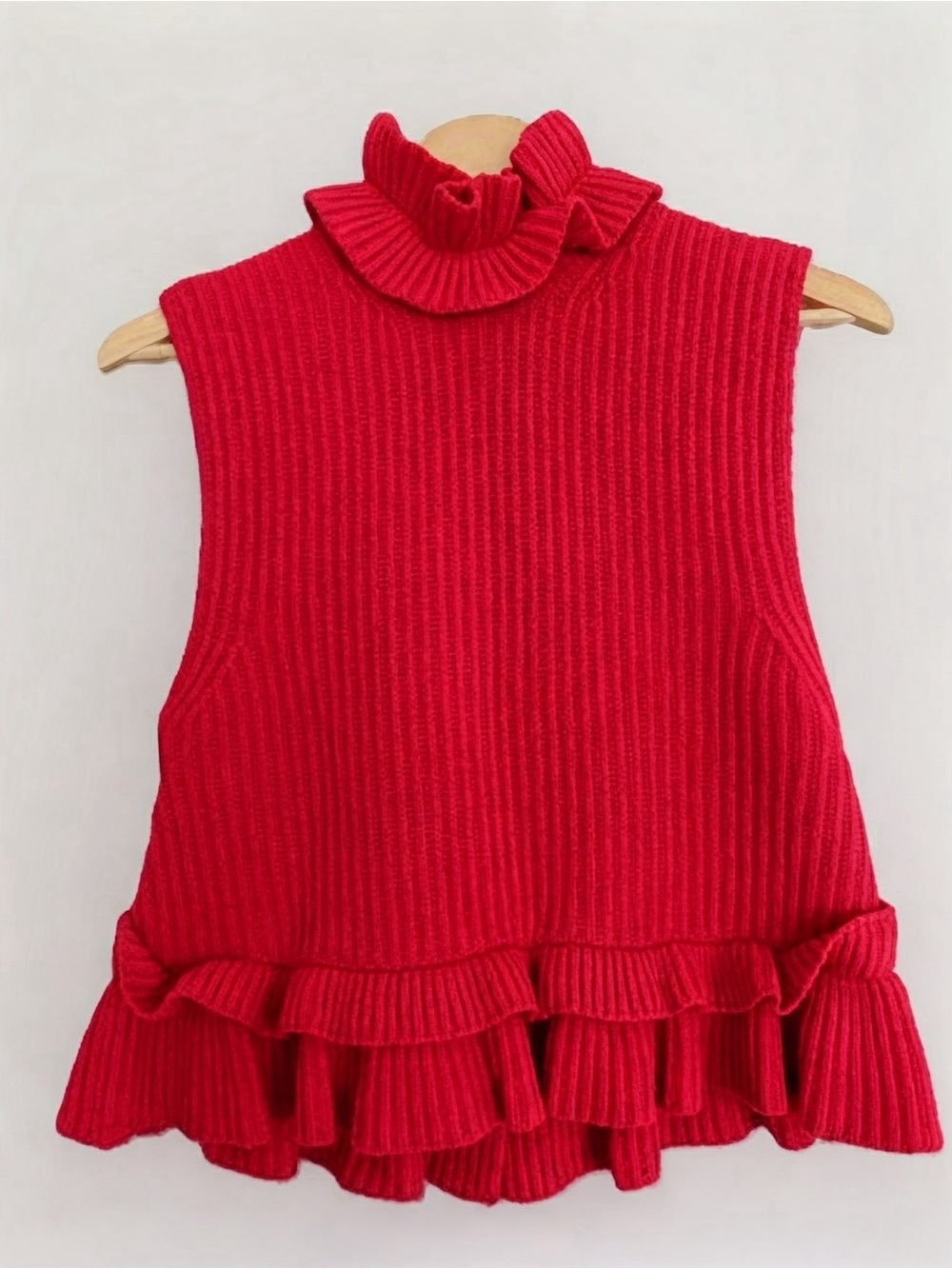 GANNI Ruffled Sleeveless Rib Knit Top In Red, S - Picture 5 of 6